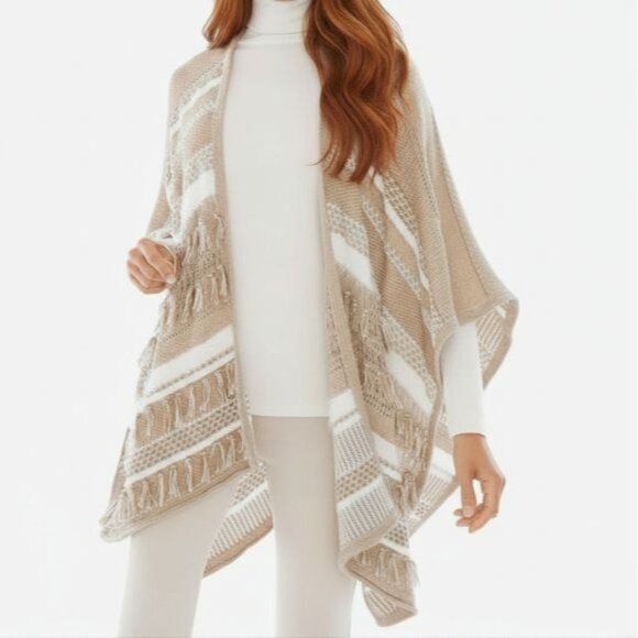 Chicos Women’s Mya Ruana Open Poncho Wrap Bohemian Textured Mixed Knit Fringe OS - Picture 2 of 10